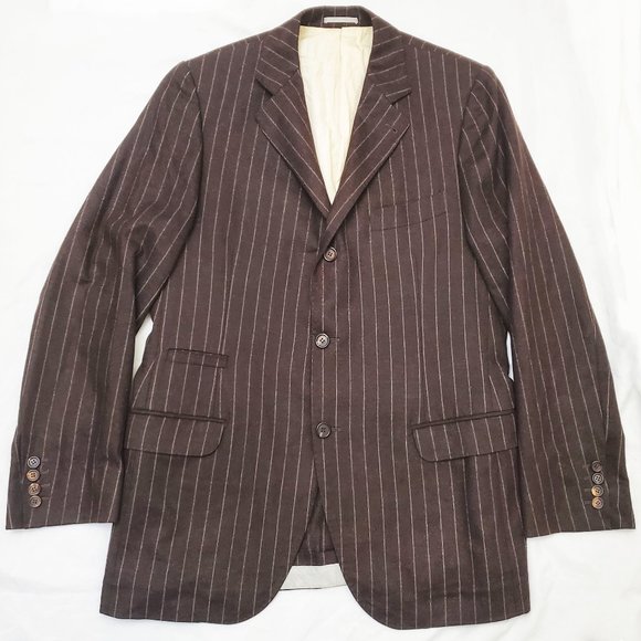 Brunello Cucinelli Mens Suit Jacket Blazer Brown Chalk Stripe Cashmere Blend